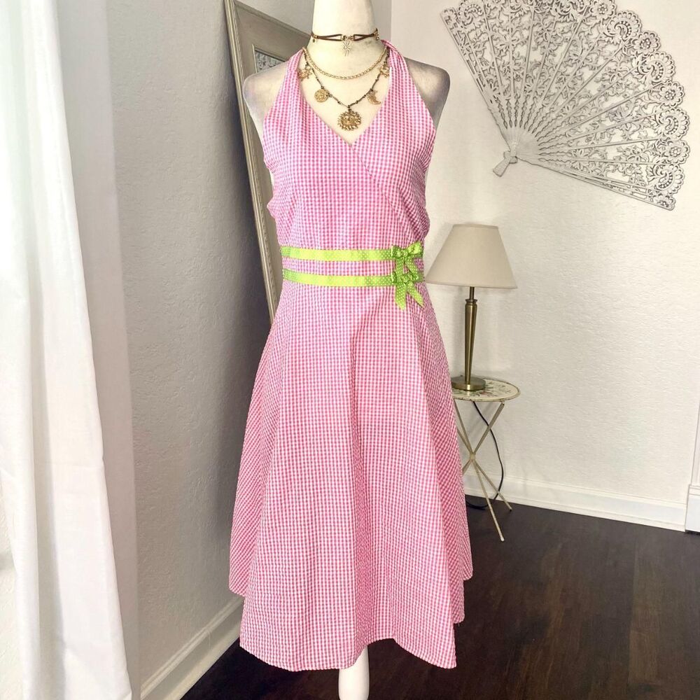 Rare Editions Y2K Cottage Core Coquette Gingham Polkadot Halter Midi Dress 14 L